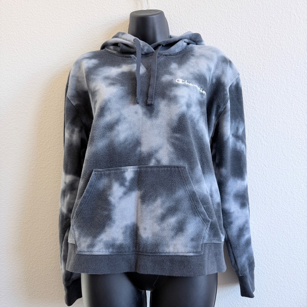 Champion Womens Grey Black Tie Dye Fleece Hoodie Sweatshirt Size Medium